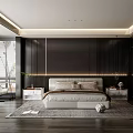 Modern Bedroom Interior With Dark Wooden Walls King Bed Nightstands Accent Chair And Area Rug