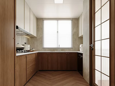 Modern Kitchen Interior Design With Wooden Cabinets Herringbone Floor And Window 3d model