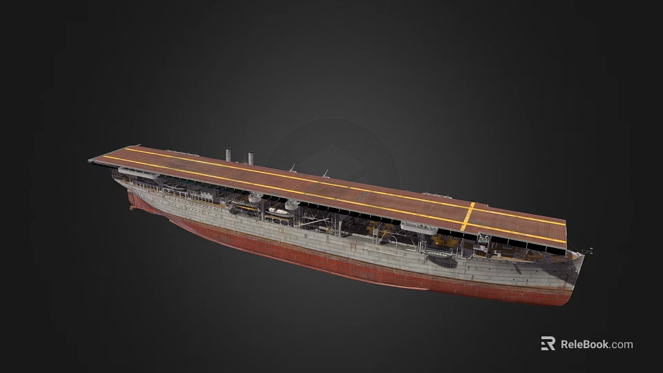 Large Wooden Ship with Extended Deck and Yellow Marking Lines on Red Bottom Hull 3d model 