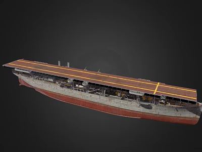 Large Wooden Ship with Extended Deck and Yellow Marking Lines on Red Bottom Hull 3d model