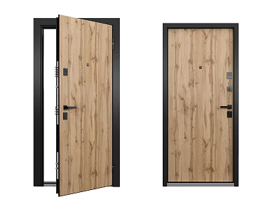 Modern Wood Grain Swing Doors With Black Frame And Metal Handle Design 3d model