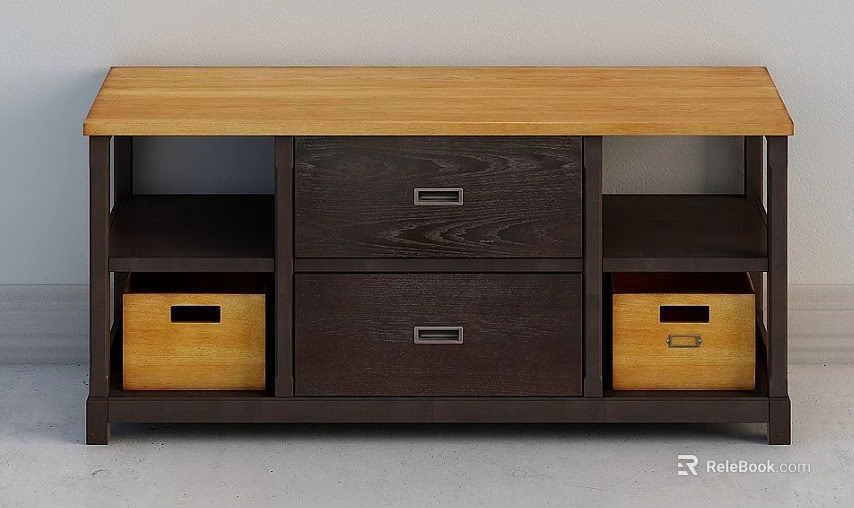 Wooden Top TV Stand With Dark Wood Frame Drawers And Yellow Storage Baskets 3d model 