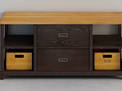 Wooden Top TV Stand With Dark Wood Frame Drawers And Yellow Storage Baskets 3d model