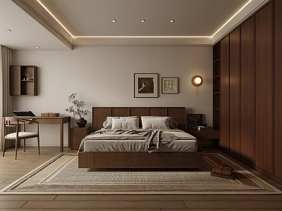 Modern Bedroom Interior With Wooden Wardrobe Desk Rug Wall Art And Ceiling Lights 3d model