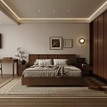 Modern Bedroom Interior With Wooden Wardrobe Desk Rug Wall Art And Ceiling Lights