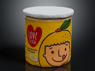 Organic Lemon Food Jar With Love Farm Brand And Cartoon Kid Face Yellow Design 3d model
