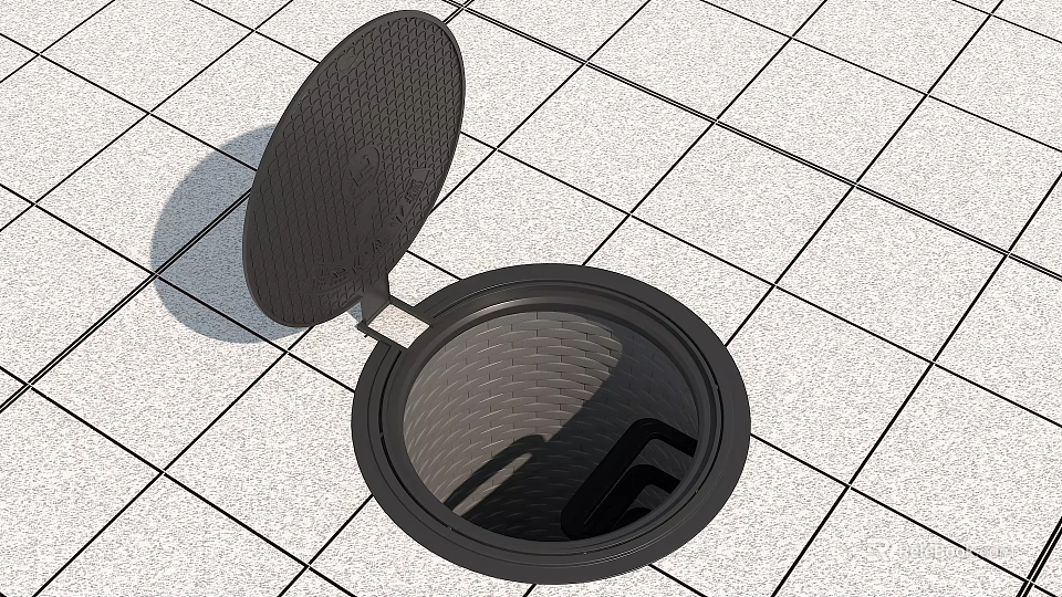 Black Manhole Cover With Open Lid On White Tile Floor Showing Underground Structure 3d model 