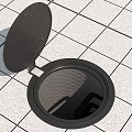 Black Manhole Cover With Open Lid On White Tile Floor Showing Underground Structure