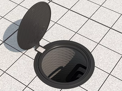 Black Manhole Cover With Open Lid On White Tile Floor Showing Underground Structure 3d model