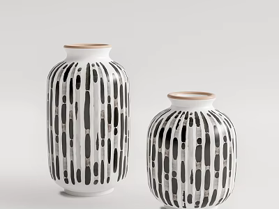 White Ceramic Vases With Black Stripe Dot Design Different Heights Beige Rim 3d model