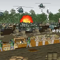 Military Study Expansion Activity Scene With Helicopters Tanks Soldiers Wooden Crates And Sandbags