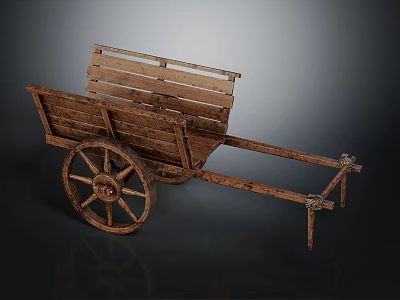 Vintage Wooden Cart With Rustic Frame And Large Spoked Wheel Design 3d model