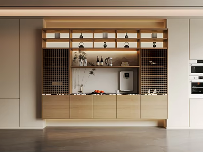 Modern Natural Wood Sideboard Design With Open Shelves Lattice Doors And Countertop Decorations 3d model