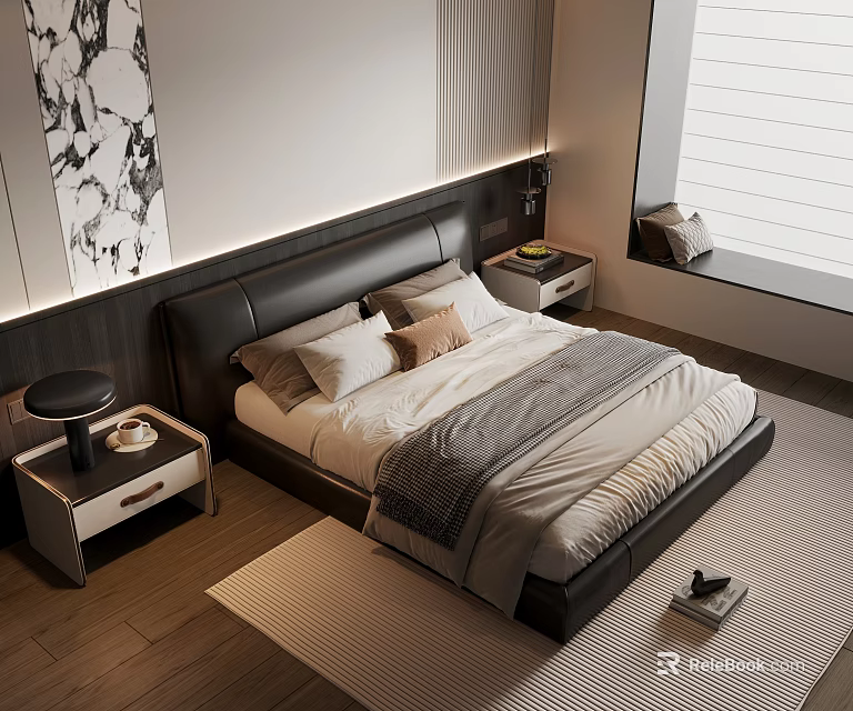 Modern Bedroom With Black Leather Headboard White Gray Bedding Nightstands Abstract Art And Wooden Floor 3d model 