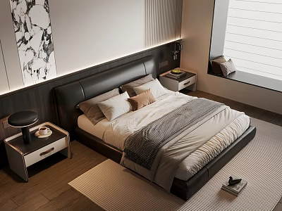 Modern Bedroom With Black Leather Headboard White Gray Bedding Nightstands Abstract Art And Wooden Floor 3d model