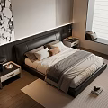 Modern Bedroom With Black Leather Headboard White Gray Bedding Nightstands Abstract Art And Wooden Floor