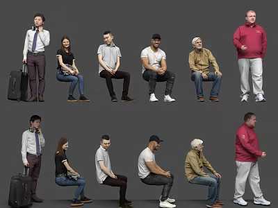 Diverse Group of People with Various Poses and Casual Outfits on Gray Background 3d model