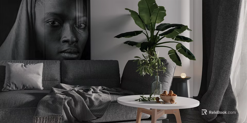 Gray Multi Seater Sofa With Throw Blanket Round Coffee Table And Large Green Plant 3d model 