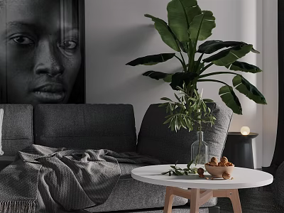 Gray Multi Seater Sofa With Throw Blanket Round Coffee Table And Large Green Plant 3d model