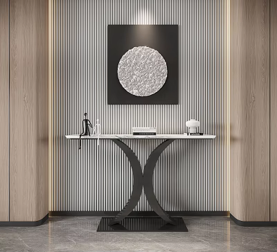 Modern Entryway Console Table With White Countertop Black Frame And Decorative Items On Striped Wall 3d model