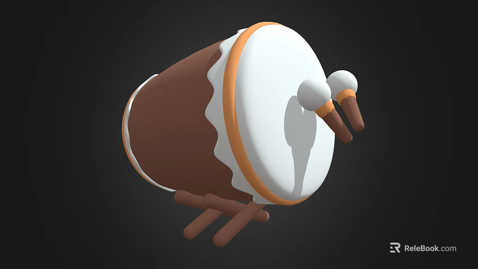 3D Model Musical Instrument Drum With Brown Body White Drumhead Orange Rim And Drumsticks 3d model 
