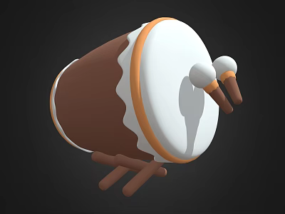 3D Model Musical Instrument Drum With Brown Body White Drumhead Orange Rim And Drumsticks 3d model