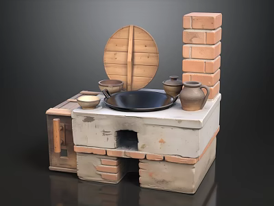 Traditional Brick Stove Setup With Wooden Lid Wok Clay Pots And Bowls 3d model