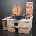 Traditional Brick Stove Setup With Wooden Lid Wok Clay Pots And Bowls