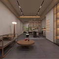 Modern Office Corridor Interior With Wooden Grille Cabinets And Potted Green Plant