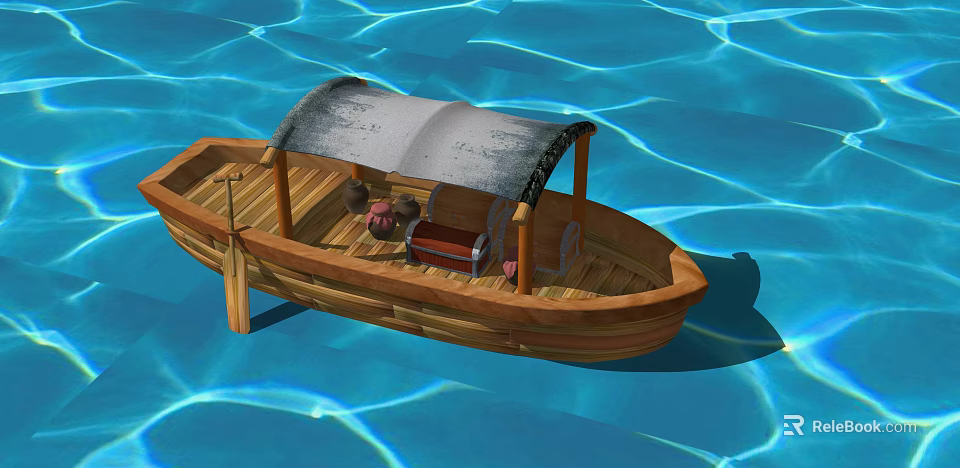 Traditional Wooden Boat with Gray Canopy Floating on Blue Water with Chest and Pots 3d model 