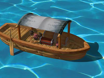 Traditional Wooden Boat with Gray Canopy Floating on Blue Water with Chest and Pots 3d model
