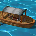 Traditional Wooden Boat with Gray Canopy Floating on Blue Water with Chest and Pots