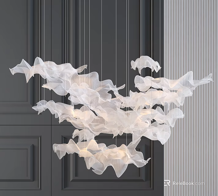 Modern White Cloud Like Chandelier With Flowing Structure In Dark Wall Interior 3d model 