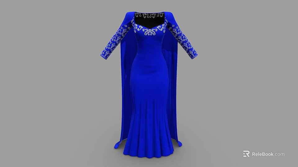 Elegant Blue Long Sleeve Dress With Embroidered Sleeves And Decorative Neckline 3d model 