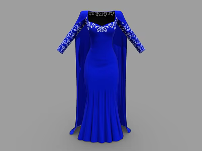 Elegant Blue Long Sleeve Dress With Embroidered Sleeves And Decorative Neckline 3d model