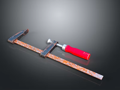 Industrial Rusty Metal Clamp With Red Handle Against Black Background 3d model