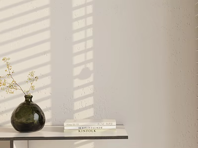 Green Vase With Small Flowers On Shelf Against White Wall With Blinds Shadows And Books 3d model