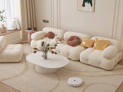 Plush Beige Sofa And White Round Coffee Table Set With Decorative Pillows In Living Room 3d model