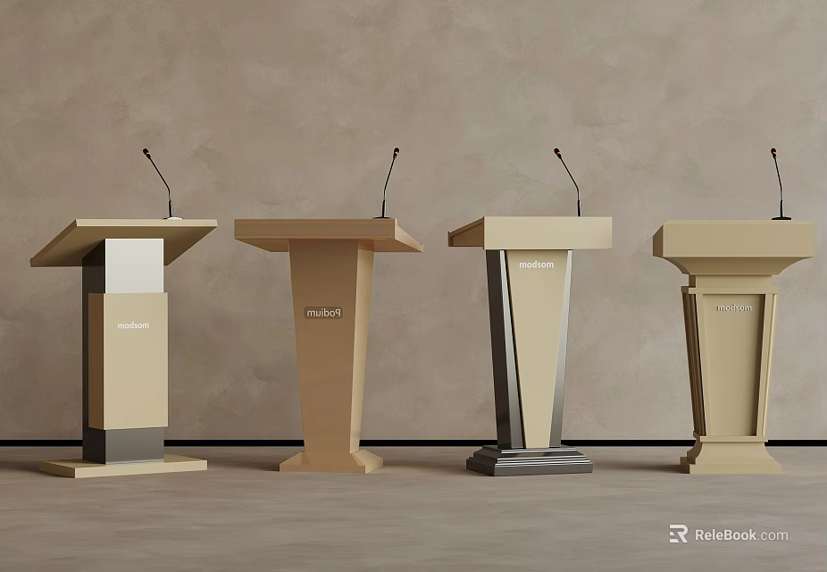 Four Podiums With Various Designs Set Against Light Colored Wall And Wooden Floor 3d model 