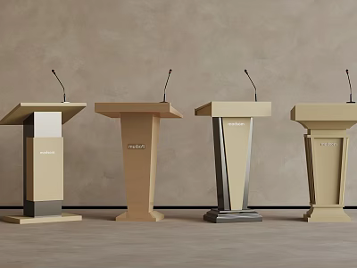 Four Podiums With Various Designs Set Against Light Colored Wall And Wooden Floor 3d model