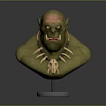 Green Skinned Orc Game Movie Character Bust With Red Forehead Tusk Necklace And Silver Base