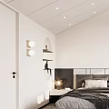 White Sloped Ceiling Bedroom Interior With Skylight Grey Bed Green Plant And Geometric Rug