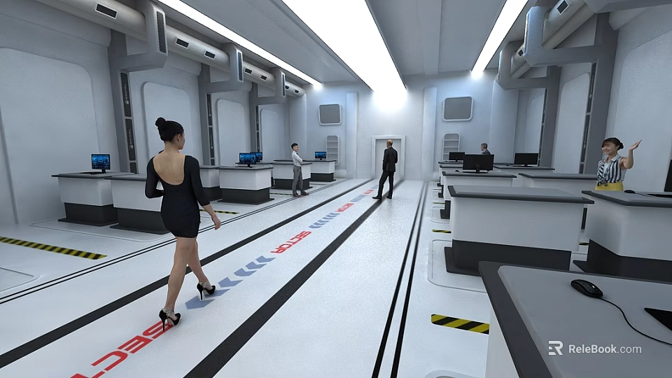 Modern Laboratory With Researchers Walking On White Floor Red Lines Workstations And Equipment 3d model 