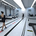 Modern Laboratory With Researchers Walking On White Floor Red Lines Workstations And Equipment