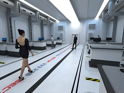 Modern Laboratory With Researchers Walking On White Floor Red Lines Workstations And Equipment 3d model