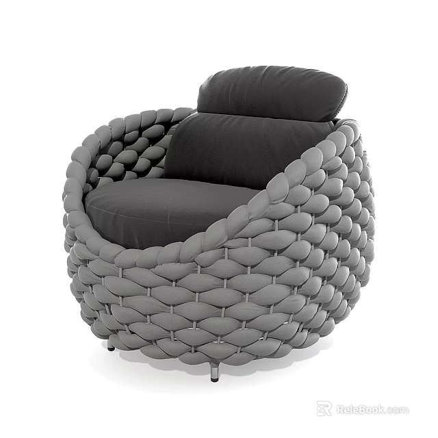 Unique Shaped Sofa with Woven Gray Frame and Black Cushions Modern Design 3d model 