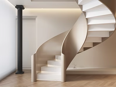 Modern Spiral Staircase Interior Design With White Steps Black Column And Herringbone Wooden Floor 3d model