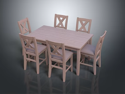 Wooden Rectangular Dining Table Set With Six X Back Chairs And Simple Design 3d model