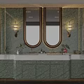 Elegant Modern Bathroom Vanity With Double Mirrors And Green Marble Walls