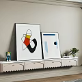 White TV Stand With Decorative Paintings Small Ornaments Green Plant And Molding Wall